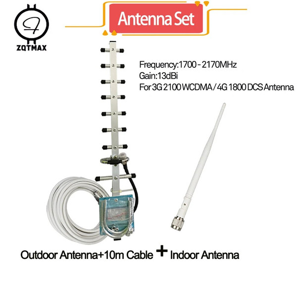ZQTMAX yagi antenna for cell phone Amplifier 3g repeater 2100 ,2g 4g mobile signal booster 1800mhz , big power 13db + 10m cable