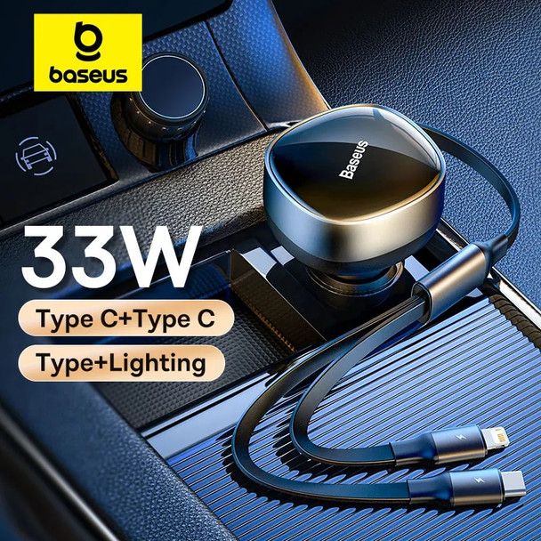 Baseus 2-in-1 Car Charger PD 20W Fast Charging Retractable Cable 30W 33W Quick Charging Phone Charger Type C For Xiaomi iPhone