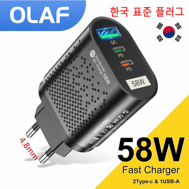 Olaf 58W Type C USB Charger Fast Charging QC PD 3.0 Mobile Phone Charger Adapter EU US UK KR Plug For iphone ipad Samsung Huawei