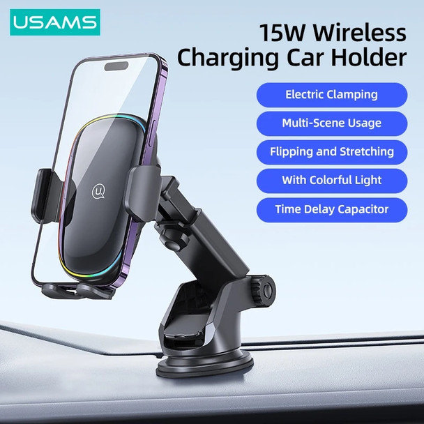 USAMS 15W Wireless Charging Car Holder With Colorful Light Car Bracket Phone Stand For iPhone Xiaomi Huawei Samsung Phone