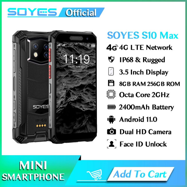 SOYES S10 MAXo Mini Rugged Smartphone Android 11 Octa Core 8GB RAM 258GB ROM IP68 Fingerprint Face ID Unlock PTT Mobile Phone