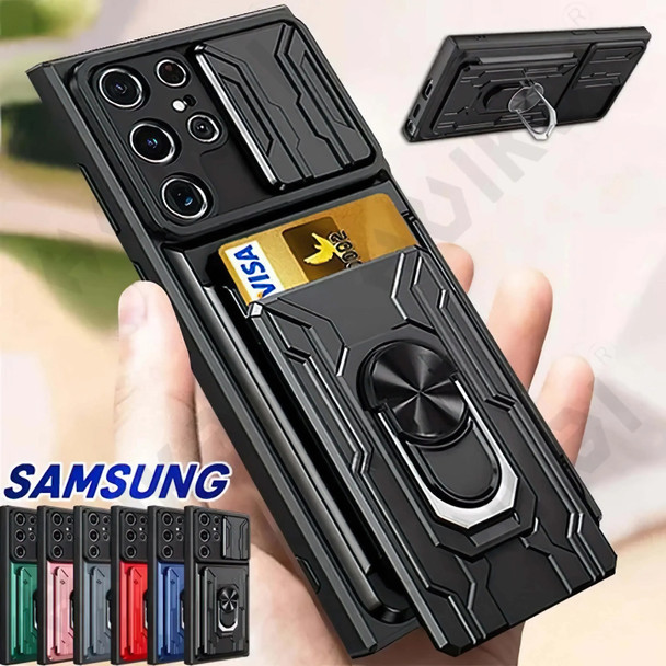 Case For Samsung Galaxy S24 S23 S22 S21 Ultra Plus S20 FE A34 A54 A24 A53 A14 4G 5G Slide Camera Card Holder 360° Ring Cover