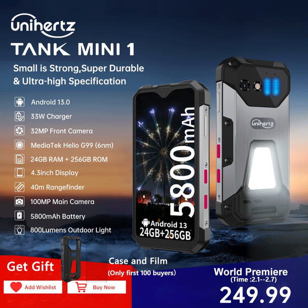 Unihertz 8849 Tank Mini Rugged Smartphone 4.3 Inch Display Android 13 Helio G99 Octa Core 5800mAh 100MP Cameras 24GB 256GB IP68