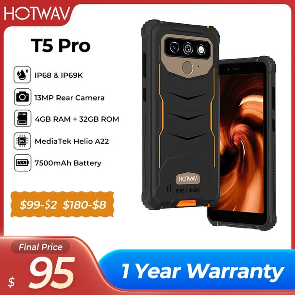 HOTWAV T5 Pro Android 12 OS 4G Rugged Smartphone 7500mAh Massive Battery MTK6761 6.0 Inch Screen 4GB 32GB 13MP Main Camera 2022