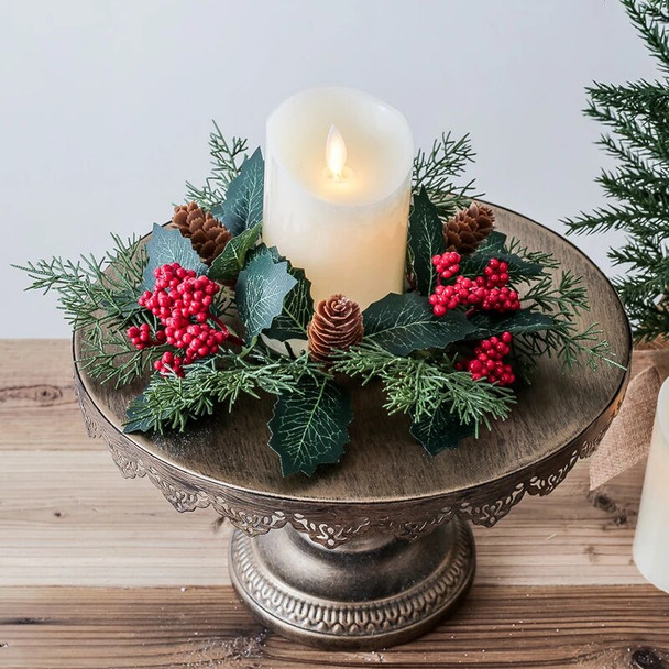 Christmas Candlestick Wreath Artificial Berry Wreath Shape Candle Holder Party Wedding Desktop Candle Holder Decoration