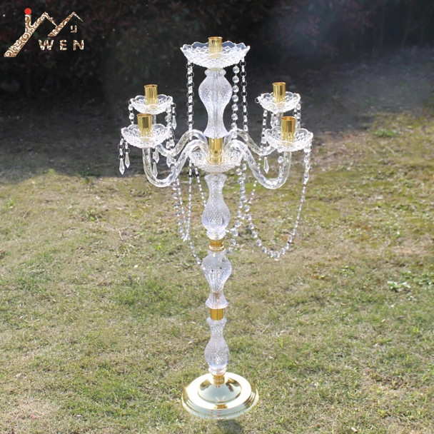 90 cm Height Acrylic 5-arms Metal Candelabras With Crystal Pendants Wedding Candle Holder Centerpiece Party Decor