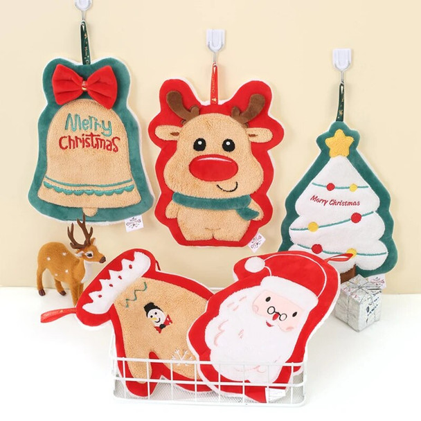 1Pc Coral Velvet Christmas Hand Towel Cartoon Santa Claus Bell Gloves Reindeer Shape Water Absorbent Hanging Handkerchief Towels