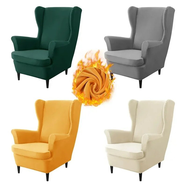Velvet Stretch Wingback Chair Covers Wing Armchair Cover with Seat Cushion Cover Single Sofa Slipcovers Solid Color Sofa Covers