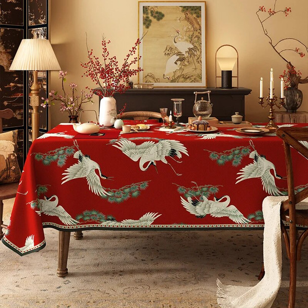 Cotton Linen Blending Fabric Table Cloth Red-crowned Crane Printed Wedding Party Banquet Decoration Tablecloth Modern Home Decor