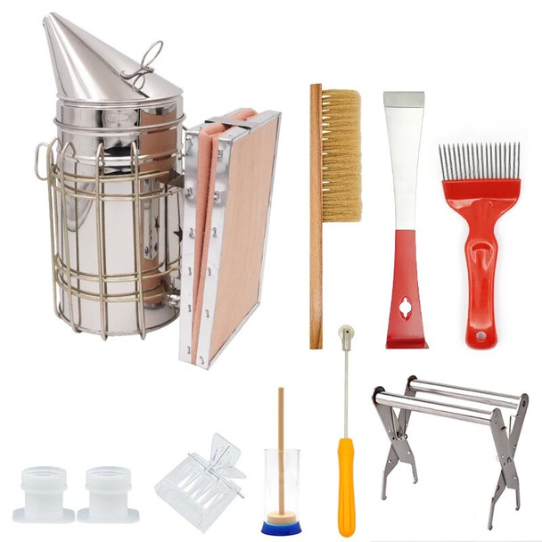 10Pcs/set Beekeeping Tools Kit Complete System Bee Hive Smoker Sprayer Bee Rearing Marker Bottle Scraper Apiculture Equipment