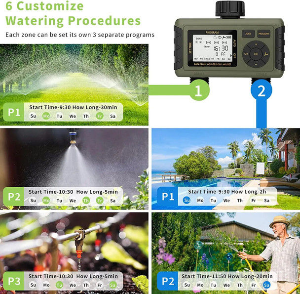 Diivoo Water Timer 2 Zone with 6 Individual Programs, Garden Automatic Irrigation Equipment with Rain Delay and Manual Watering