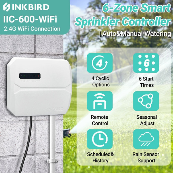 INKBIRD 8-Zone 6 Zone Control Wi-Fi Sprinkler Controller Smart Irrigation Timer Supports Seasonal Adjustment Multi-time Watering