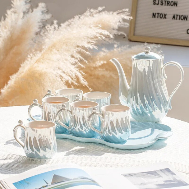 Pearl Ceramic Teacup Teapot Set Drinkware Home Stripes Classic Pink Blue Teaware Light Luxury Nordic Coffeeware Warmhouse Gift