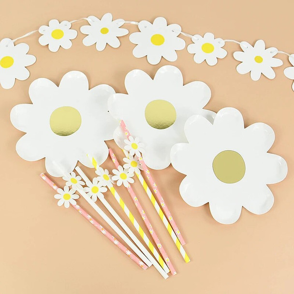 Daisy Theme Paper Plates Banner Straw Disposable Tableware Kids Birthday Party Baby Shower Supplies Wedding Decoration