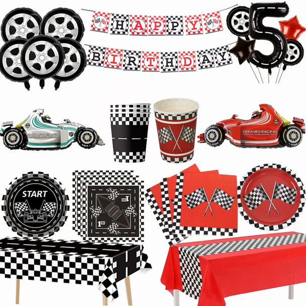 Racing Car Theme Disposable Tableware Red Tablecloth Checkered Flag Napkins Kids Racing Car Birthday Party Decorations