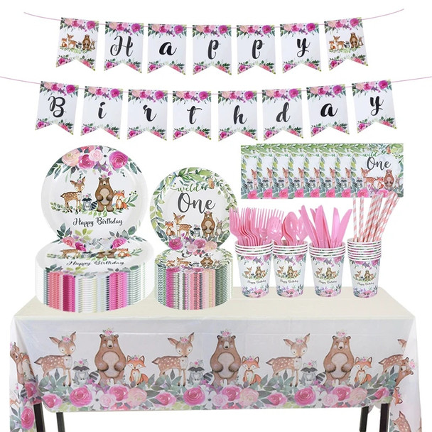 Woodland Forest Disposable Tableware Set Paper Plates Cups Animal Zoo Fox Bear Deer Baby Shower Birthday Party Decoration
