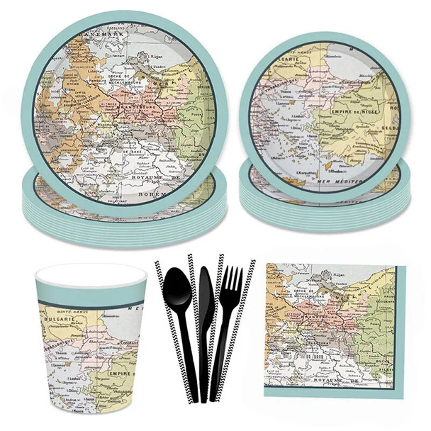 World Map Theme Disposable Tableware Travel Festival Paper Plate Straw Retirement Party Decoration Birthday Supplies