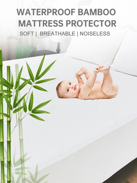 Mattress Protector Waterproof Bamboo Fiber White Breathable Soft Noiseless Fitted Sheet Mattress Cover Queen for Home