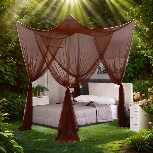 Luxurious Four-Door Big Bedroom Decor Mosquito Net Canopy - King/Queen Double Size, Fashion Coffee Color Netting Bedroom Decor