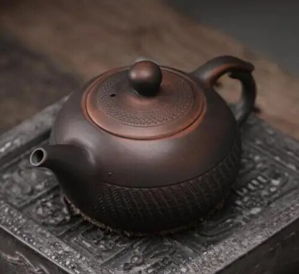 5.9"China Jianshui Qingxi Purple Pottery 220ML Hand-made Jump Knife Lines Teapot