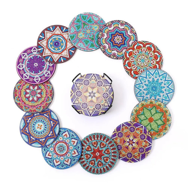 12pcs Diamond Art Coasters With Holder Diy Mandala Pattern Drink Cup Cushion Strong Adhesion Diamond Painting Kits For Crafts
