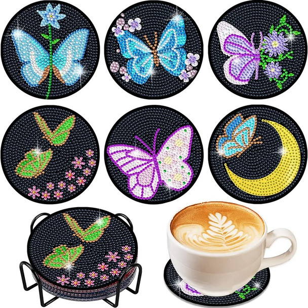 6Pcs/set DIY Diamond Painting Coaster Butterfly Drink Cup Cushion Non-slip Table Placemat Insulation Pad Kitchen Accessories
