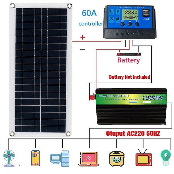 220V Solar Power System 30W Solar Panel Battery Charger 1000W Inverter USB Complete Controller Kit Home Portable Power Station