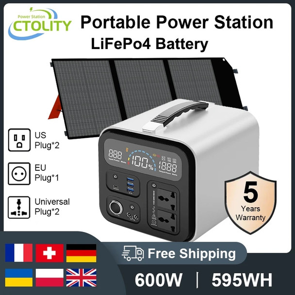 LiFePo4 Portable Solar Power Station 600W/595Wh Camping Outdoor Generators 110 220V Battery Backup Mobile 100W/200W Solar Panel