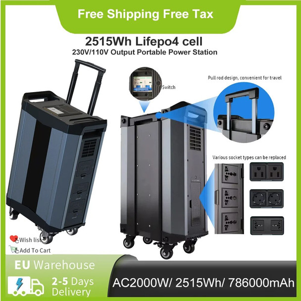 2515Wh Portable Power Station Solar Generator 2000W LiFePO4 UPS Battery 1500W For Laptop EV Car Camping Fishing Backup Power