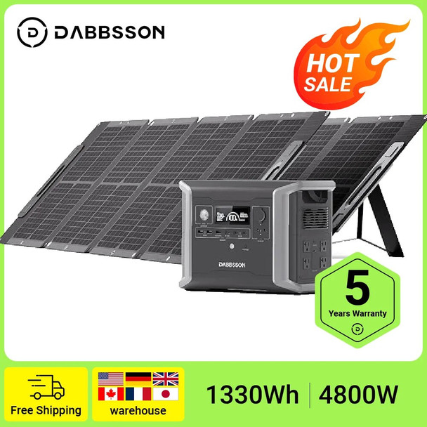 Dabbsson Portable Power Station DBS1300 with 2x210W Solar Panel 1330Wh Solar Generator Rechargeable battery for Camping Emergenc