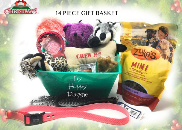Christmas Doggie Basket Of Toys, Chews 2 Dog Collars Squeak Toys