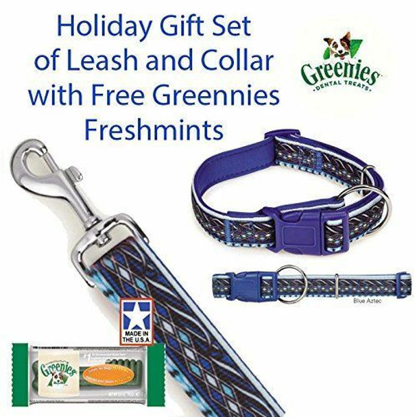 Casual Canine Blue Aztec Small Dog 4 FT. Leash/ 6-10"Collar Set with Free Green