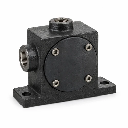 5807K65 Iron Air-Powered Vibrator for Dry Materials, Right-Angle Mount, Side Inlet, 314 lb Force