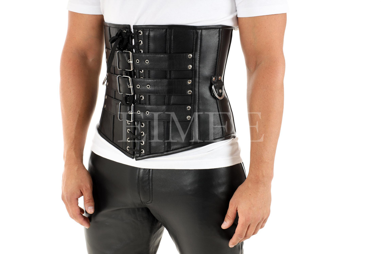 Mens Leather Corset Tight Lacing Belted Underbust Steel Boned Top
