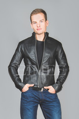 Men's Leather Jacket tight fit MOTO front detail