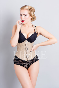 Beige leather cup-less corset EVA front view
