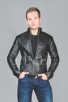 Men's Tight Fit MOTO Black Leather Jacket - front view.