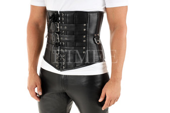 Men's 1830 black leather underbust corset with front buckles and side rings.