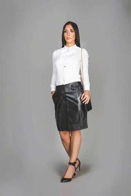 Black Leather Tight-Fit Office Skirt AMY – Front view on mannequin