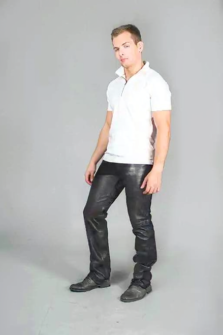 Side view of full grain leather jeans TRIS