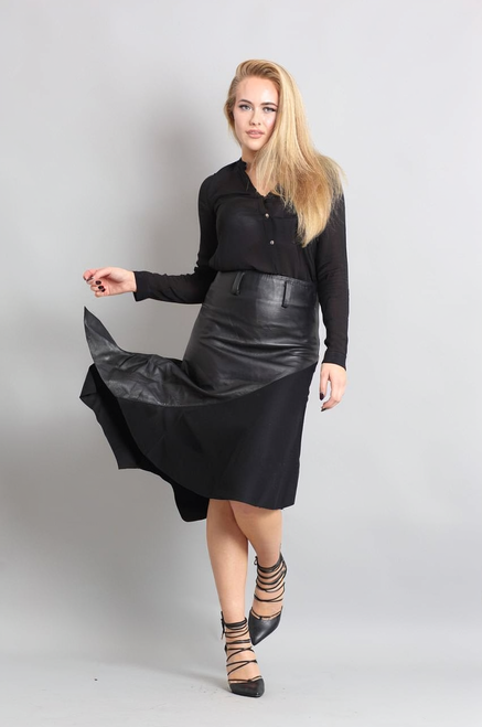 Gorgeous Real Leather Skirt With Wool Panels LEENI  front
