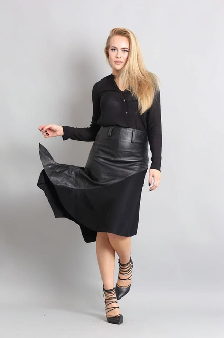 Gorgeous Real Leather Skirt With Wool Panels LEENI  front