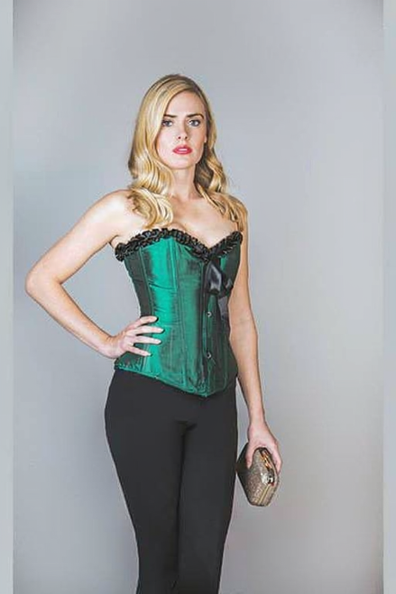 Overbust frilly green satin steel boned corset LEELIA front view