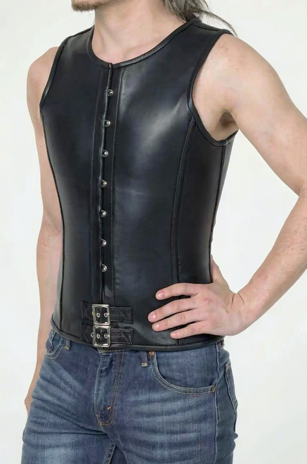 Overbust steel boned leather men’s corset vest front view on white background