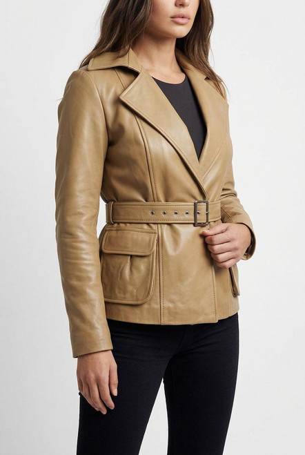 Side profile of ladies belted leather jacket highlighting tailored fit and classic design