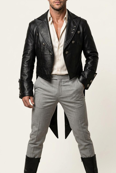Back view of leather tailcoat showing long tails and structured gothic steampunk detailing