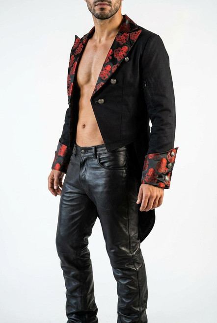 Front view of men’s red cotton tailcoat with steampunk vintage design, fitted waist, and wedding jacket style