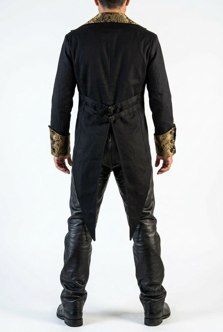 Back view of golden steampunk tailcoat showing long tails and structured vintage silhouette