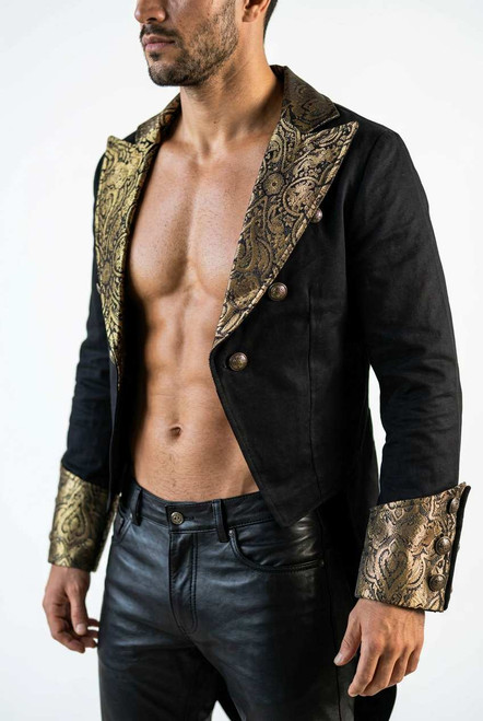 Close-up of cotton fabric texture, stitching, and golden buttons on vintage morning suit coat