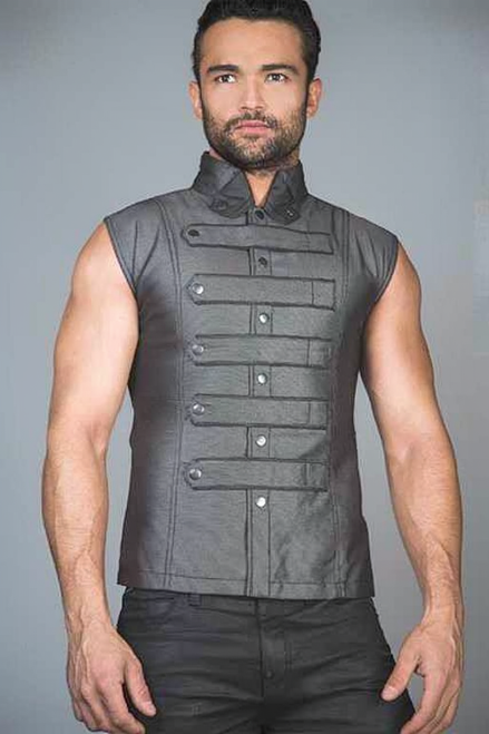Front view of men’s steampunk military waistcoat vest with fitted design and decorative buttons